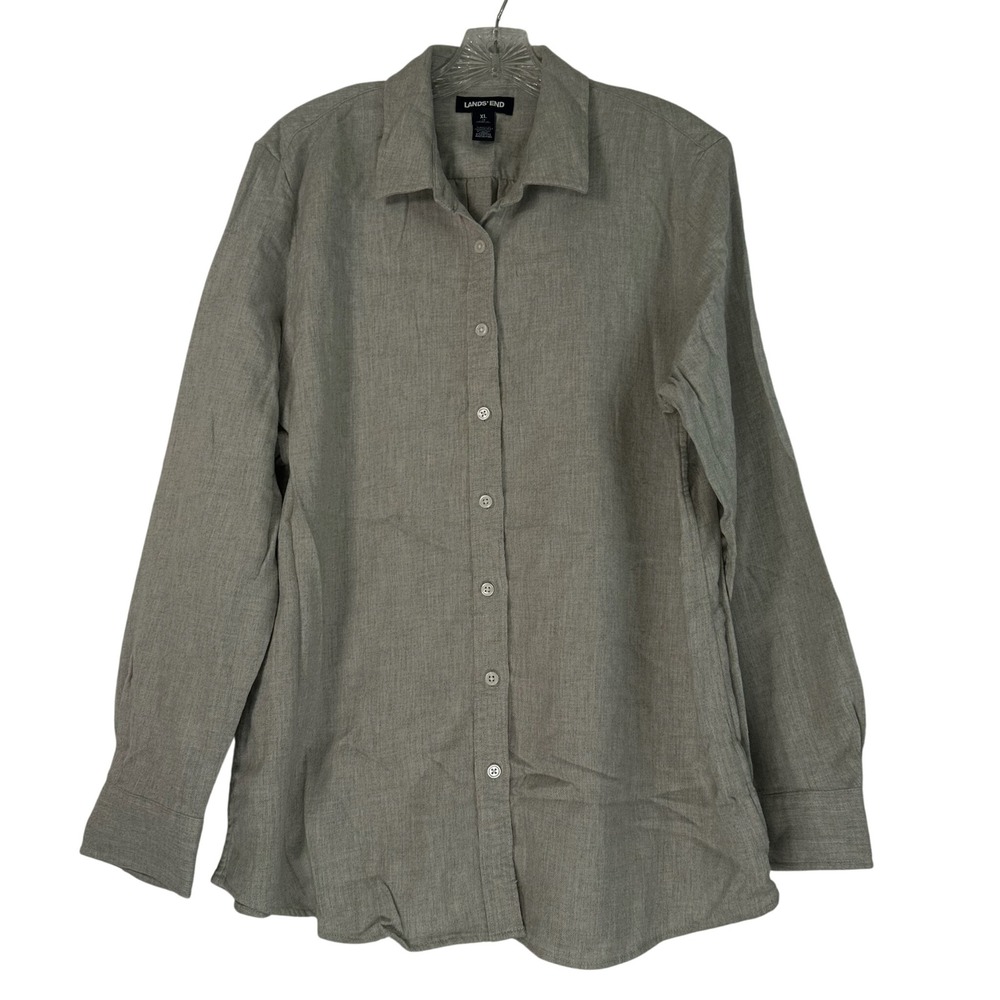 Lands End Womens XL 18 Gray Heather 100% Cotton Long Sleeve Button Down Shirt